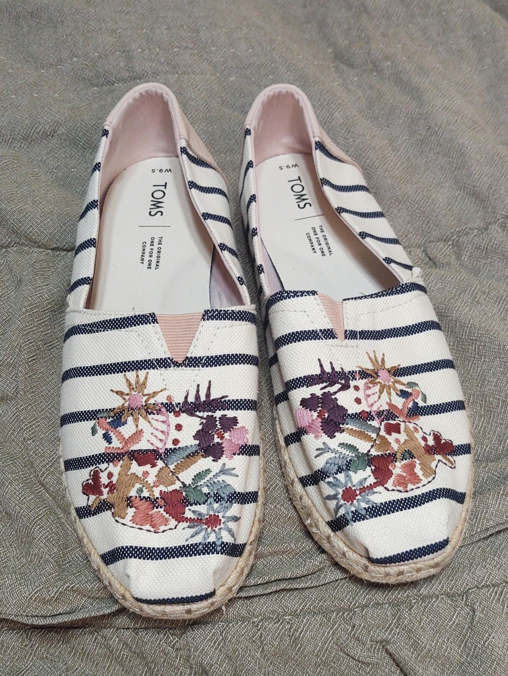 TOMS Women's Woven Striped Espadrilles with Pink Floral Embroidery size 9.5